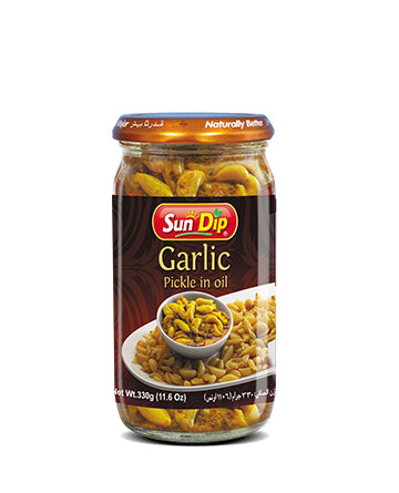 Sun Dip Garlic Pickle in Oil 330g glass jar – Pakistani spicy lahsun achar with whole garlic cloves