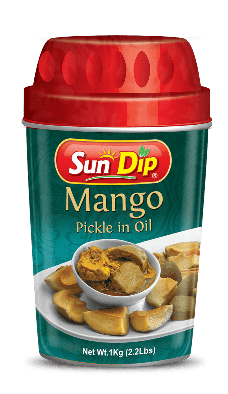 "SunDip Mango Pickle in Oil 1kg jar – traditional South Asian pickle made with raw mangoes and mustard oil"