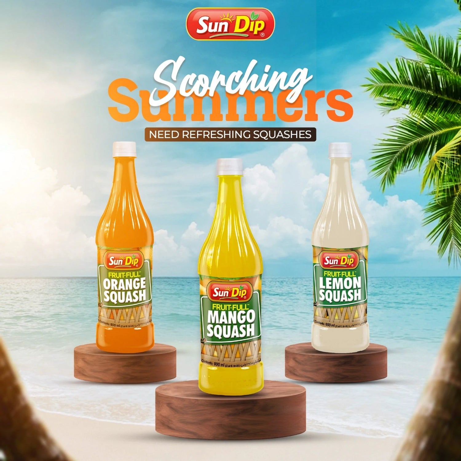 Sun Dip Squashes Collection – All-natural mango, orange, and lemon squashes made from fresh fruit, offering a sweet and refreshing drink perfect for any occasion.