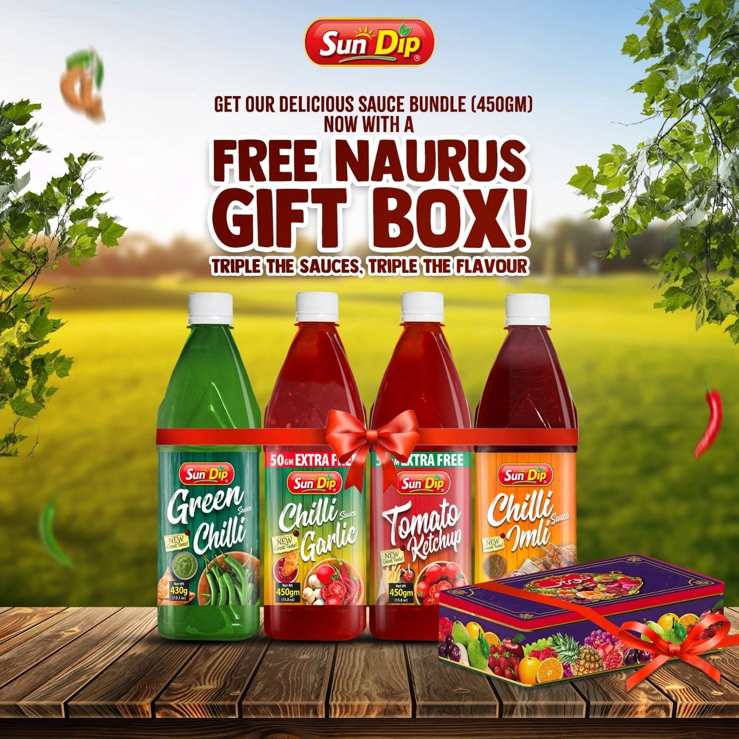 Sun Dip Ketchup & Sauces Collection – All-natural tomato ketchup, chili garlic sauce, and green chili imli for bold, flavorful dips and cooking.