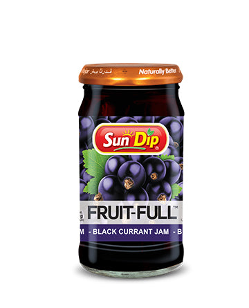 "Sun Dip Fruit-Full Black Currant Jam in a sealed glass jar, surrounded by fresh black currants, labeled Naturally Better"